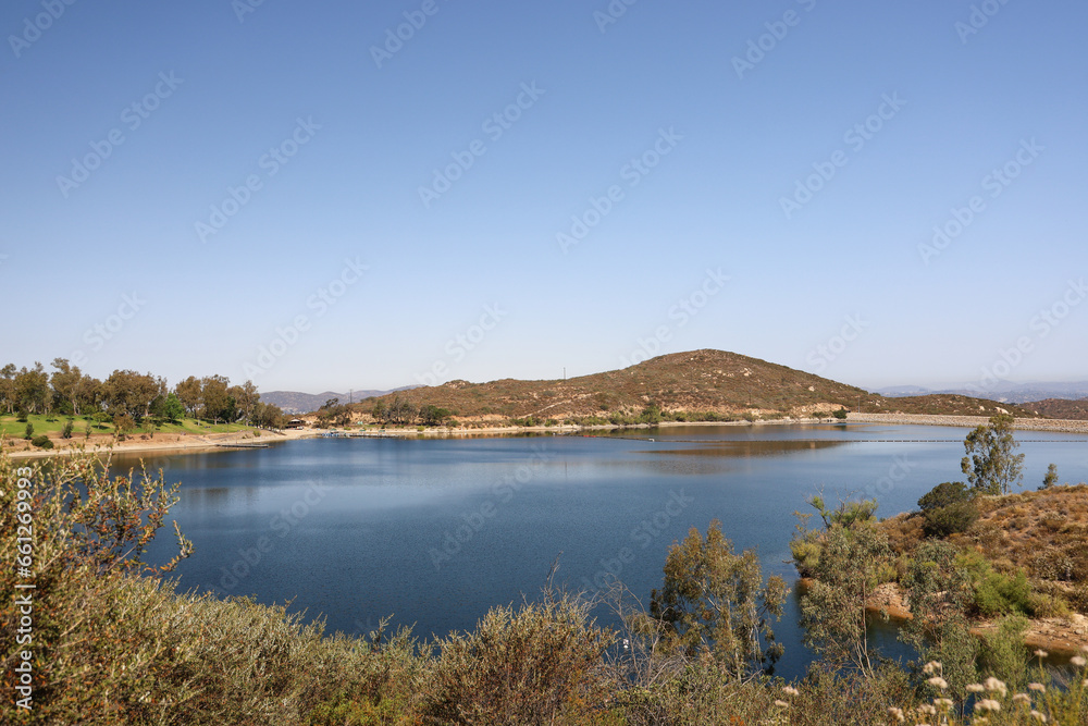 View of Lake Poway from the Lake Poway loop trail in Southern California.