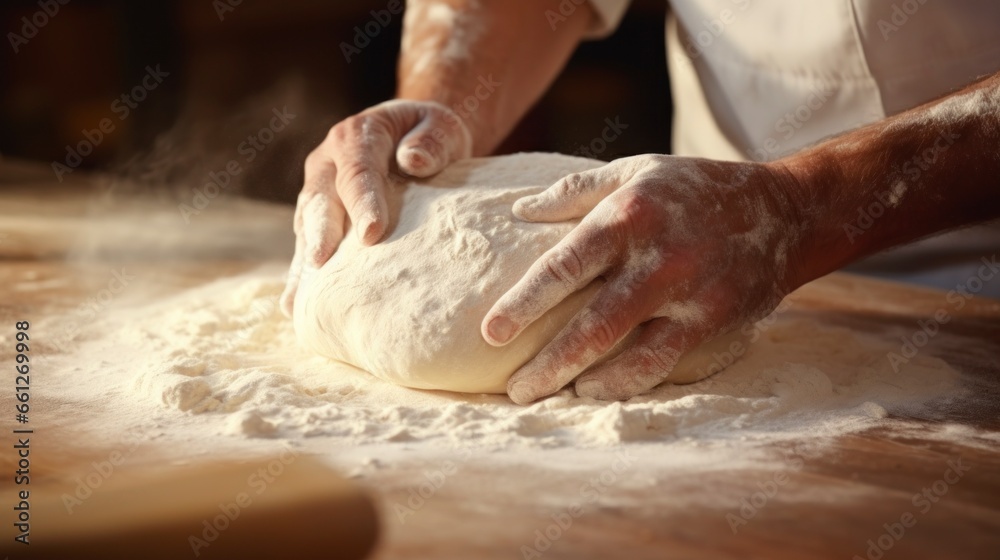 dough being kneaded to make bread in bakery by man's hands