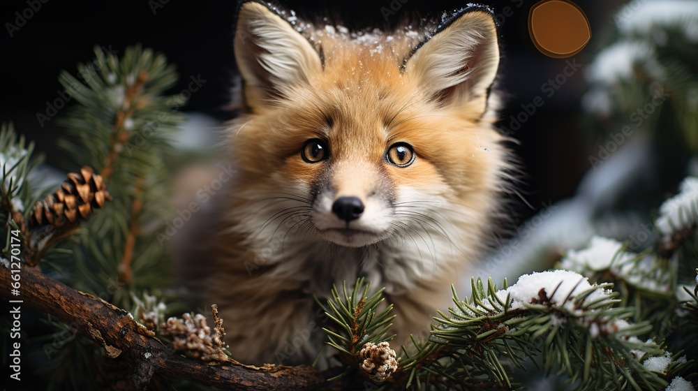 Сute red fox peeks out from behind spruce branches in the winter forest