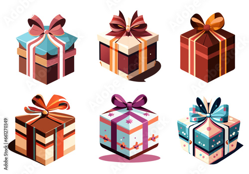 Set of Gift box with bow and serpentine ribbon. Surprise Present Unwrapped Prize Reward Package Special Holiday Christmas Birthday Chocolate Graphic Element Cartoon Modern flat vector illustration