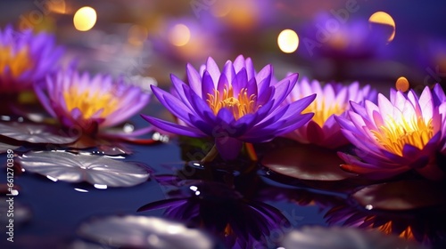 Water lilies in purple and yellow against a bokeh background.