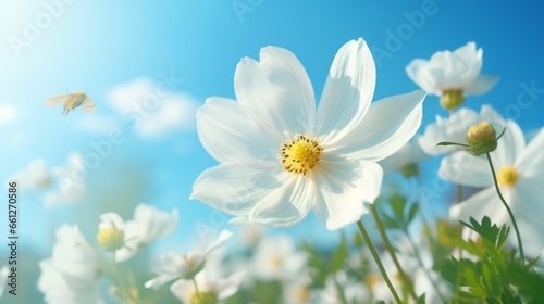 White anemone flower with yellow stamens and butterfly in nature macro with shallow focus on background of blue sky and lovely bokeh. delicate artistic rendering of the splendor of nature.