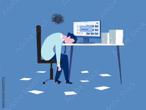 frustrated businessman sitting on office busy desk. Overwhelmed, work stress, tired or fatigue from overworked, busy to finish project paperwork in deadline, anxiety or exhaustion, headache concept.