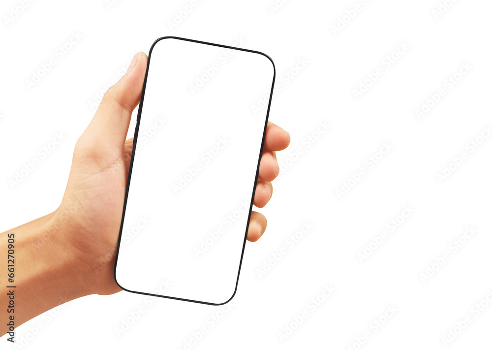Hand holding smartphone device  touching screen - obrazy, fototapety, plakaty 