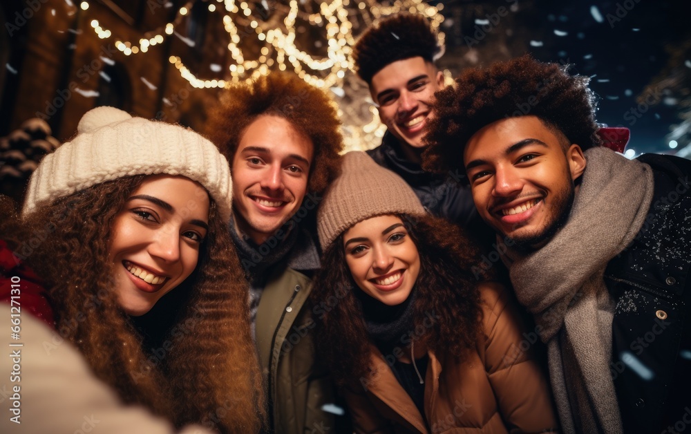 Happy multicultural guys and girls taking selfie on warm fashion clothes at a Christmas tree - obrazy, fototapety, plakaty 