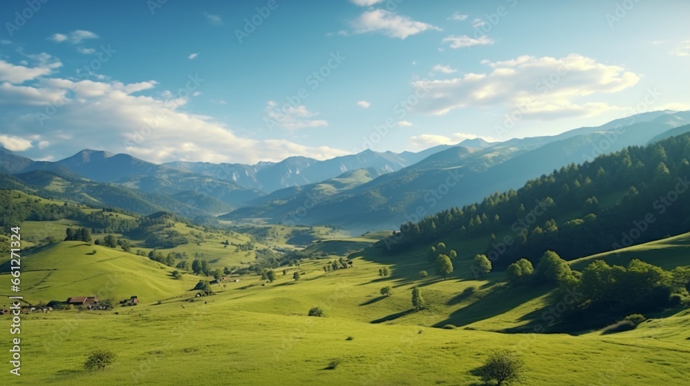 a view of Romania's stunning landscape. afternoon sun. beautiful alpine scenery in the spring. undulating hills and a grassy field. rural