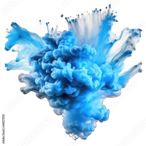 Blue paint splash explosion smoke cloud isolated on transparent background