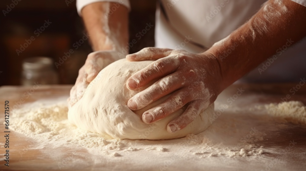 man's hands kneading a lot of white dough with flour