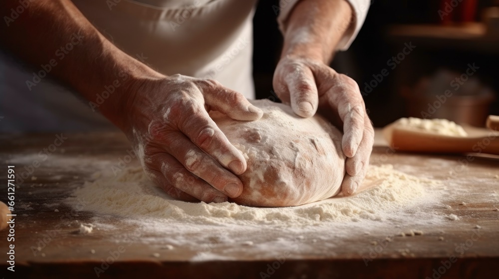 man's hands kneading a lot of white dough with flour around it