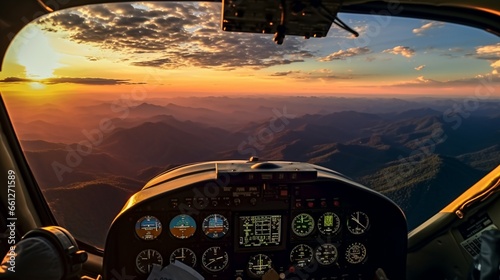 Aerial shot of the Blue Ridge Mountains at sunset as seen from a private aircraft's cockpit. clouds in the sky. a sky background, photo