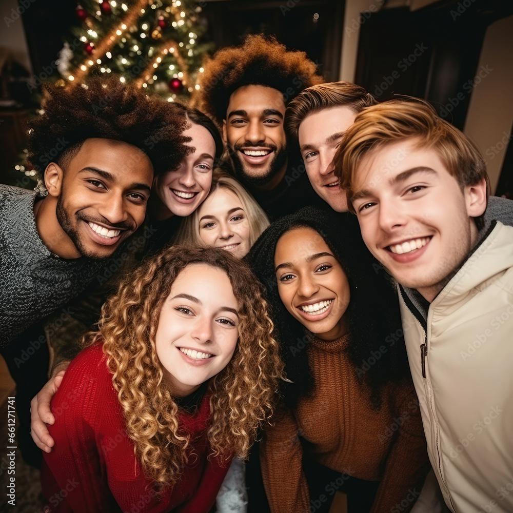 Obraz premium Happy multicultural guys and girls taking selfie on warm fashion clothes at a Christmas tree