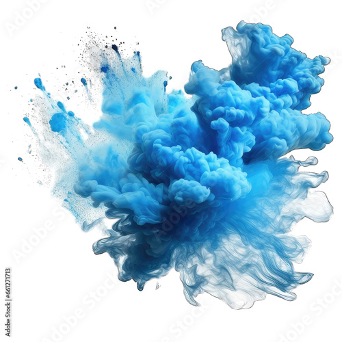 Blue paint splash explosion smoke cloud isolated on transparent background