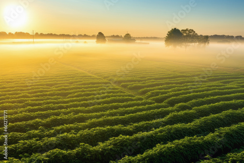 Soybean plantation in background field with morning mist. Agricultural concept of production and vegetables.