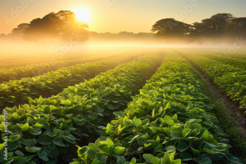 Soybean plantation in background field with morning mist. Agricultural concept of production and vegetables.