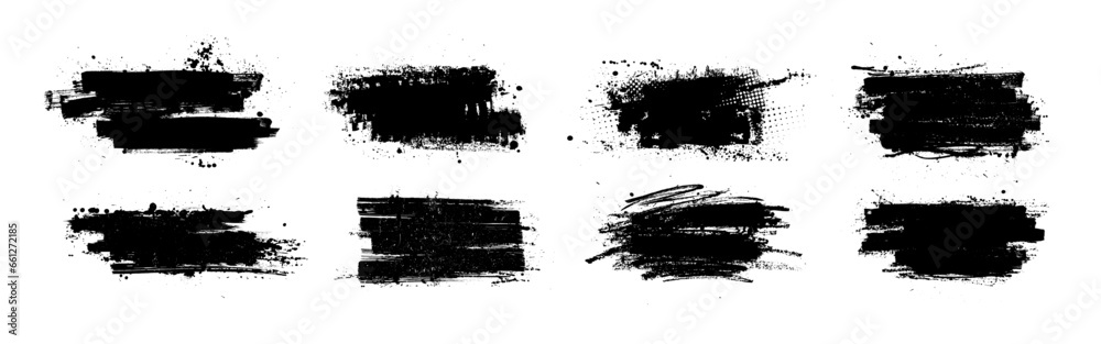 Black dried paintbrush with splattered effect in dirty style. Isoleted black ink stencils for graphic design, text fields. Artistic graphic texture of ink brush stroke, callouts. Vector stroke set - obrazy, fototapety, plakaty 