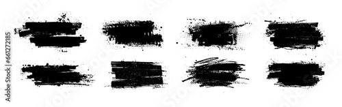 Black dried paintbrush with splattered effect in dirty style. Isoleted black ink stencils for graphic design, text fields. Artistic graphic texture of ink brush stroke, callouts. Vector stroke set