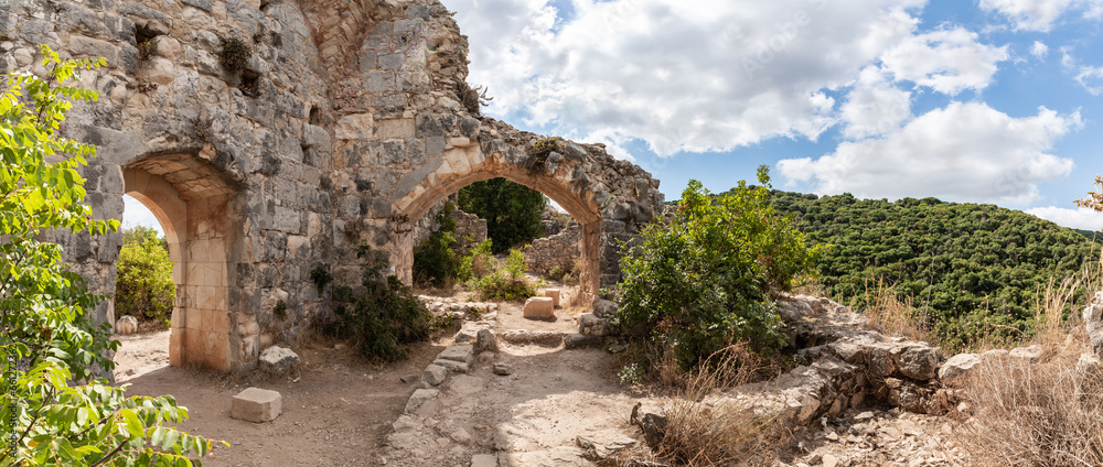 The remains  of courtyard in the ruins of the residence of the Grand Masters of the Teutonic Order in the ruins of the castle of the Crusader fortress located in the Upper Galilee in northern Israel
