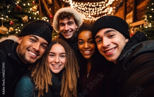 Happy multicultural guys and girls taking selfie on warm fashion clothes at a Christmas tree
