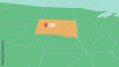 Mapa de los Estados Unidos de América con división política resaltando el estado de South Dakota photo