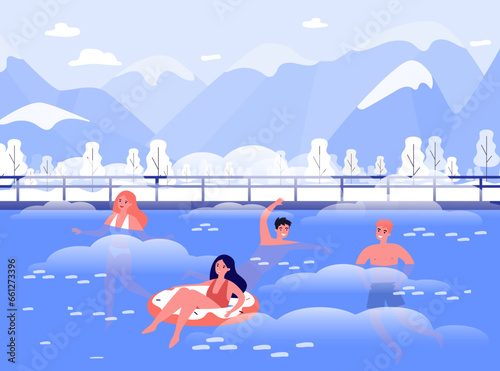 People swimming in hot springs in winter vector illustration. Cartoon drawing of people improving health at winter resort, woman on inflatable ring. Wellness, tourism, healthy lifestyle concept