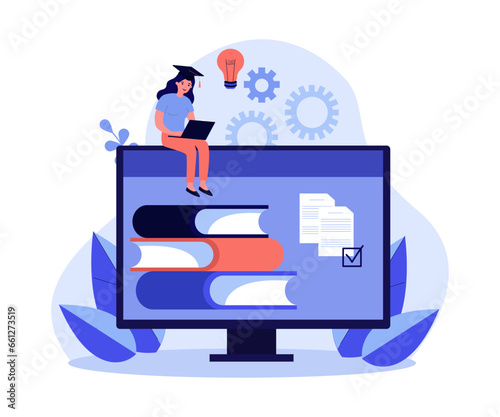 Digital resource library on computer screen vector illustration. Female student with laptop studying course materials, books and documents online. Education, e-learning concept