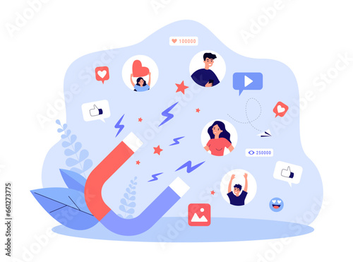 Engagement magnet with people avatars vector illustration. Online engaging ads attracting like, message, photo, video icons and emoticons. Advertising, social media concept