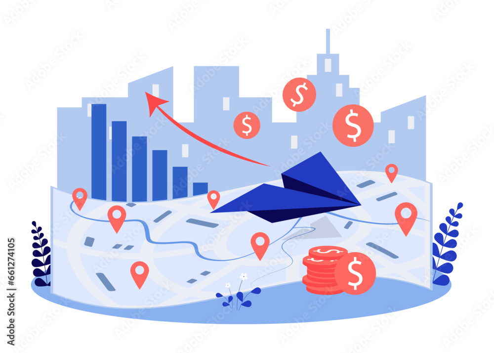 Paper plane flying to new regions vector illustration. Business development and profit increase chart on world map with cities and markets pins. Market expansion, business strategy concept