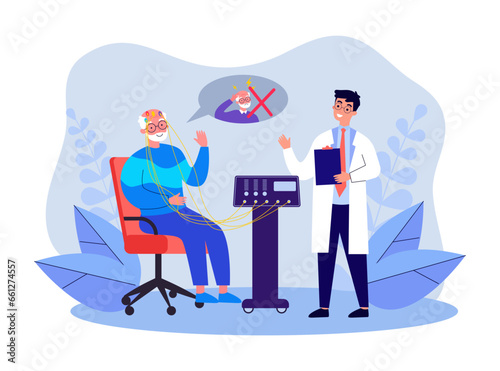 Treatment of elderly chronic pain patient vector illustration. Drawing of doctor using electrodes and machine equipment, old man recovering from chronic headache. Medicine, health, wellness concept