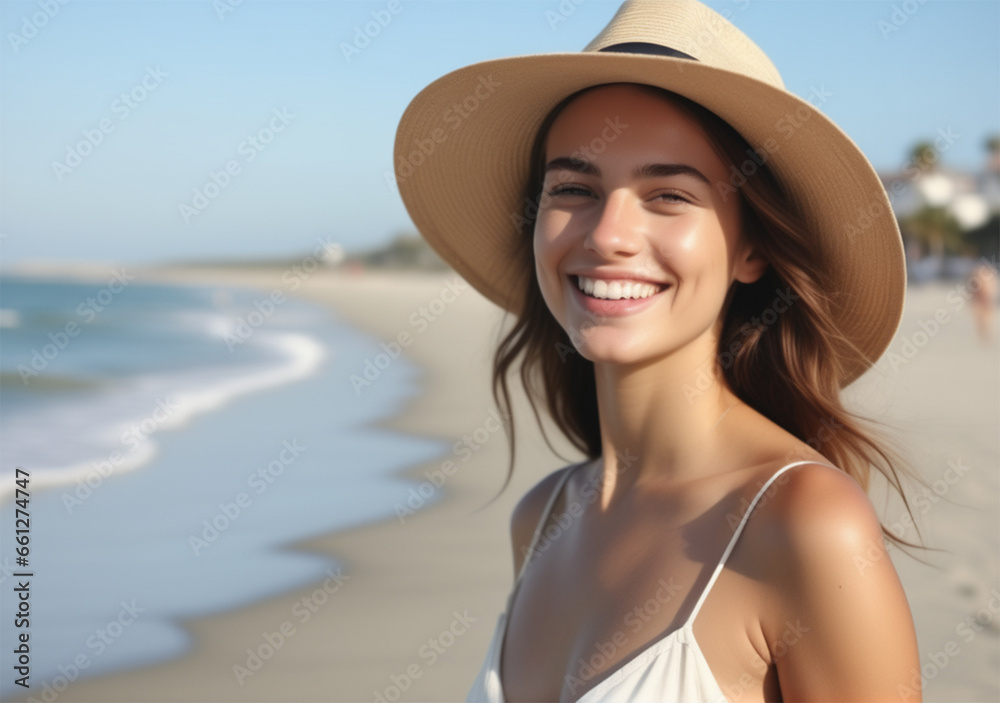 A beautiful woman at the beach smiling