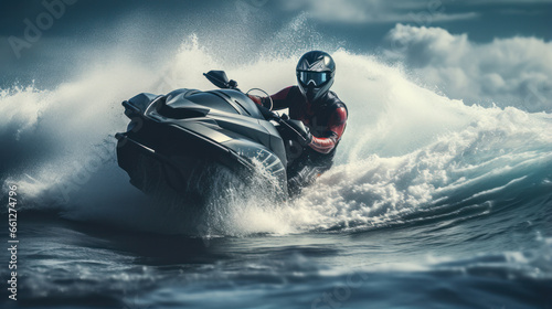 Young Man on water scooter in tropical ocean with big waves