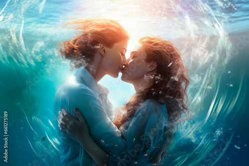 Two girls kissing in the midst of water swirl