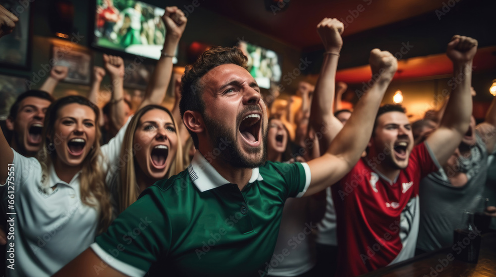 Excited group of friends cheering while watching football game at a bar. Excited group of friends cheering while watching football game at a bar.