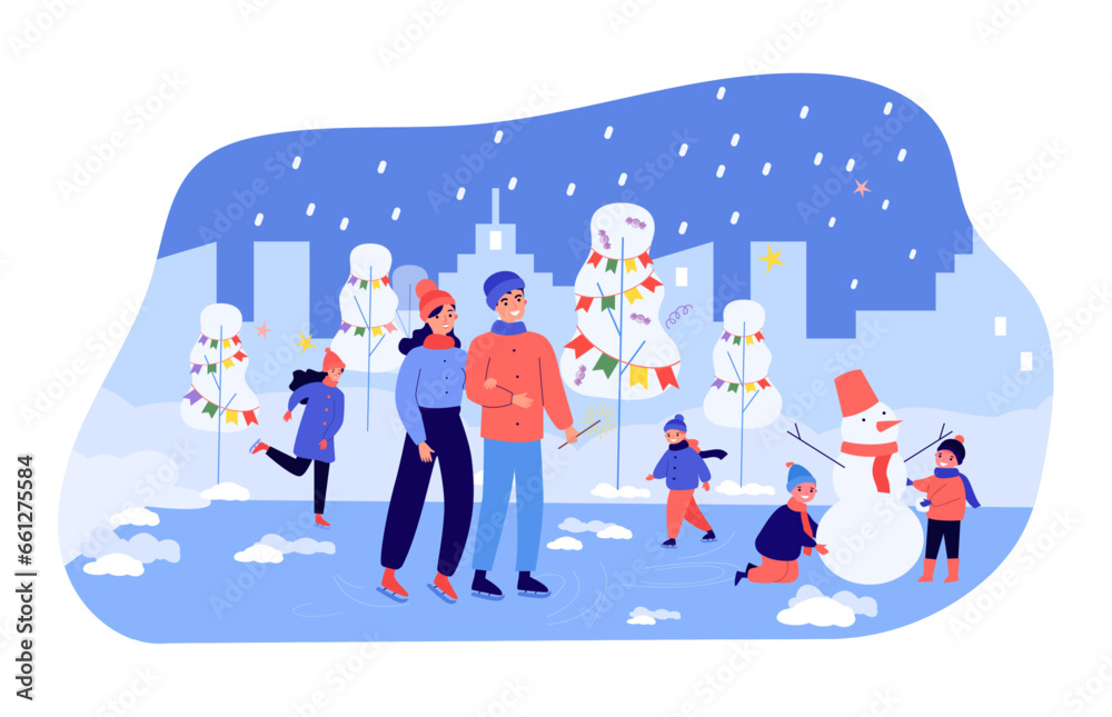 Fototapeta premium Happy family enjoying holidays at ice rink vector illustration. Parents ice skating while children building snowman, snow and decorated trees in background. Winter activities, Christmas concept