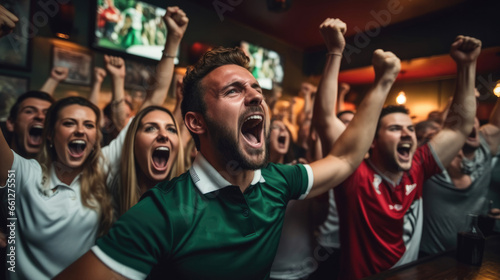 Excited group of friends cheering while watching football game at a bar.
