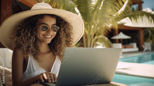 Smiling woman using laptop near swimming pool.
