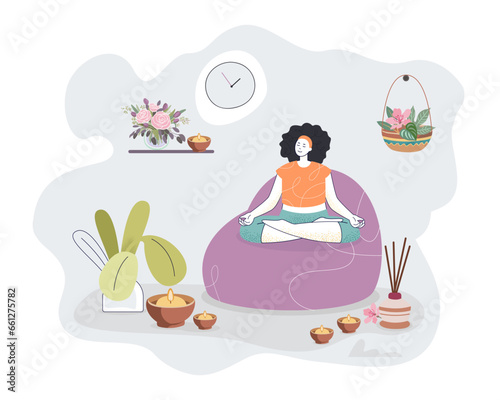 Plants and candles around meditating woman vector illustration. Cartoon drawing of calm girl sitting in lotus position or doing yoga exercises at home. Home garden, nature, relaxation, yoga concept