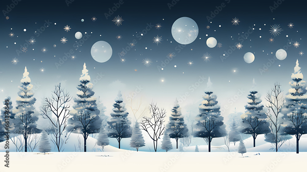 the serenity and charm of a winter wonderland with minimalistic vectors of snowflakes, evergreen trees, and delicate ornaments, all in cool, wintry shades, evoking the magic of Christmas.