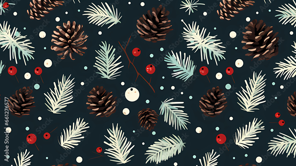 minimalistic vector pattern with snow-covered pinecones, holly leaves, and festive bows, perfect for adding a touch of Christmas elegance to your designs