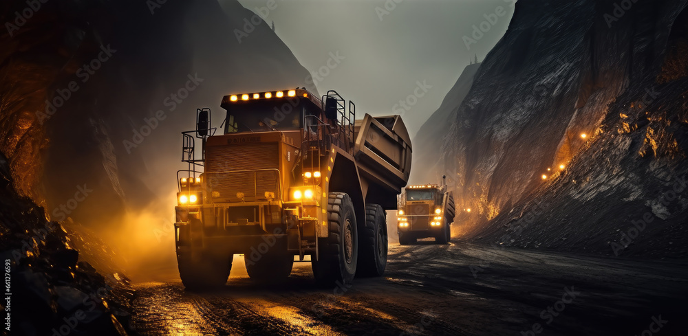 Large trucks for loading in mining, Coal Mining. - obrazy, fototapety, plakaty 