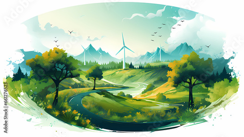 vector illustration that embodies the essence of sustainability and eco-friendliness, showcasing renewable energy sources, green landscapes, and eco-conscious design.