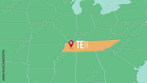 Mapa de los Estados Unidos de América con división política resaltando el estado de Tennessee photo