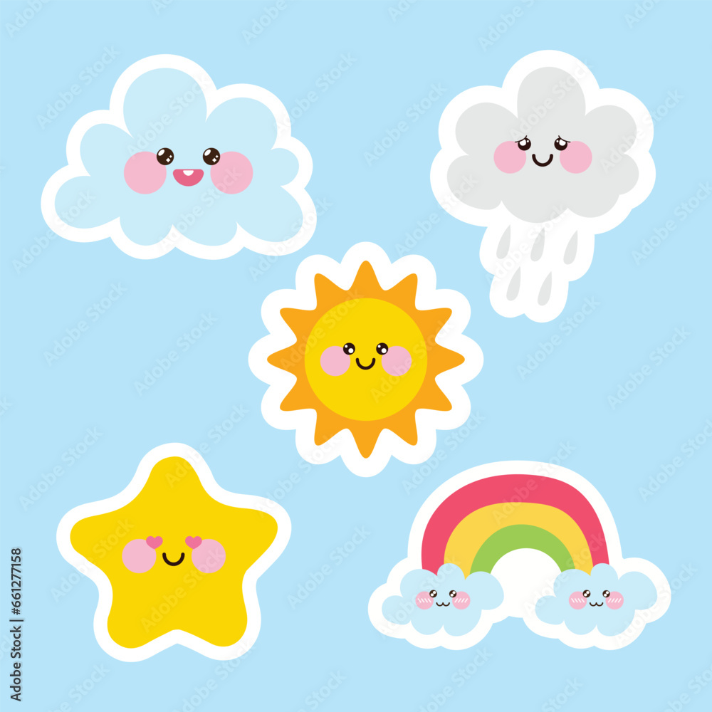 Vector set of kawaii weather elements collection. Seasonal Illustrations. Vector set of kawaii weather elements collection. Seasonal Illustrations.