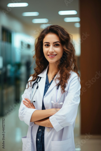 Attractive smiling female doctor with crossed arms in hospital lobby