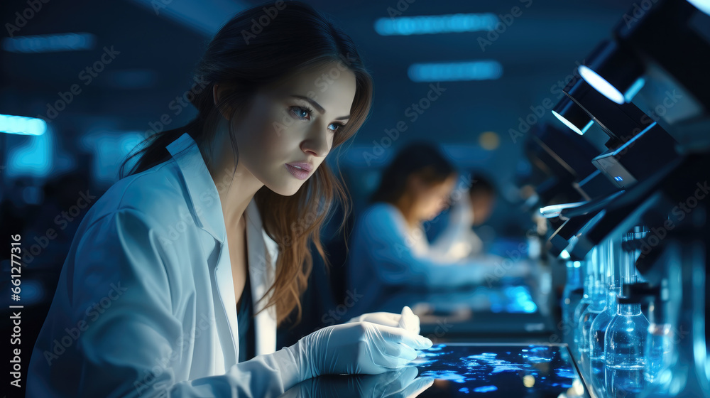 Portrait of female scientist working with microscope in the laboratory.