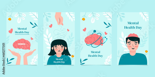 PrintSet of Mental Health Care Consultant Story Template icons and Flat Design Illustrations for mental health stories on square background for social media, Greeting Cards.