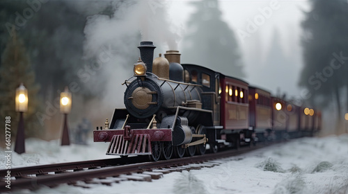 Steam train in winter forest, christmas concept.