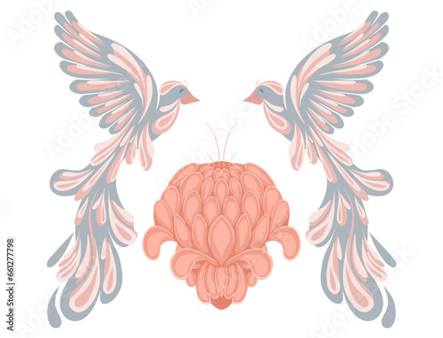 Vector illustration flying stylized birds and peony in pastel colors on white background. Card with fantasy birds and pink flower