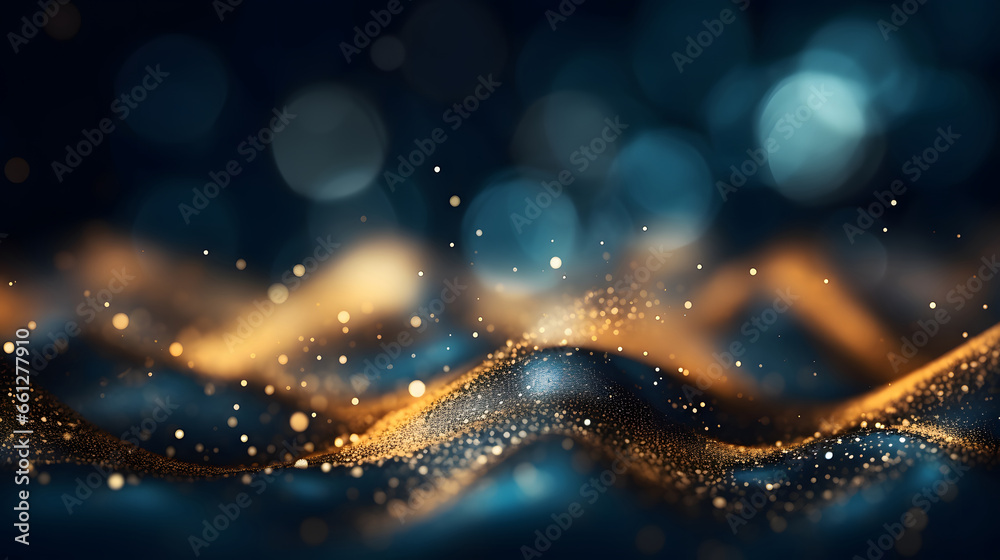 Abstract background with Dark blue and gold particle. Christmas Golden light shine particles bokeh on navy blue background. Gold foil texture. Holiday concept. - obrazy, fototapety, plakaty 
