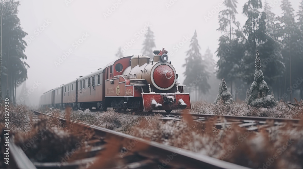 Fototapeta premium Steam train in winter forest, christmas concept.