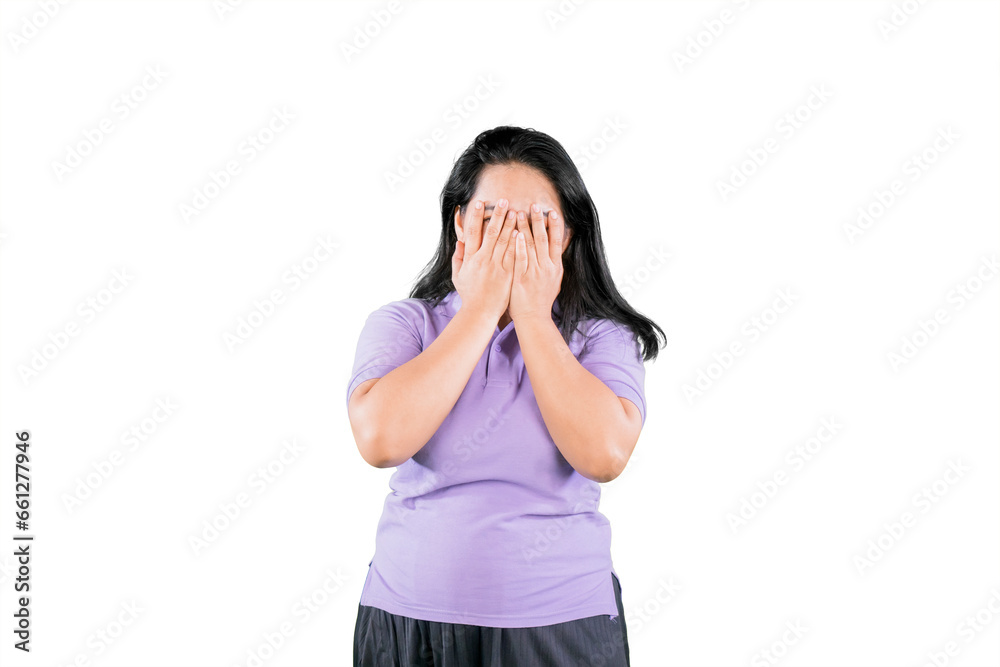 Overweight Women stressing or crying isolated on white background Overweight Women stressing or crying isolated on white background